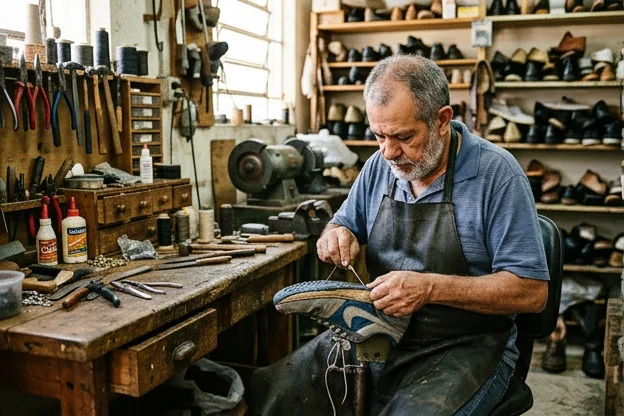 Reparo de tênis sendo realizado por profissional em Poá.